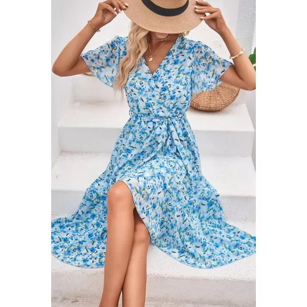 imagePRETTYGARDEN Womens 2023 Floral Boho Dress Wrap V Neck Short Sleeve Belted Ruffle Hem ALine Flowy Maxi DressesWhite Blue Floral