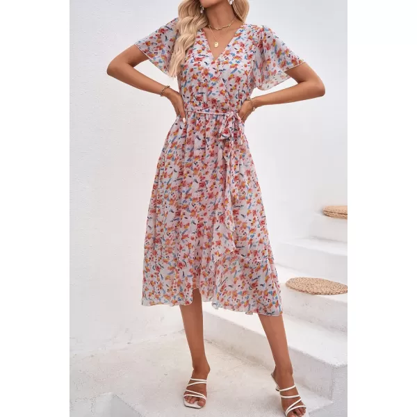 imagePRETTYGARDEN Womens 2023 Floral Boho Dress Wrap V Neck Short Sleeve Belted Ruffle Hem ALine Flowy Maxi DressesWhite Orange Floral