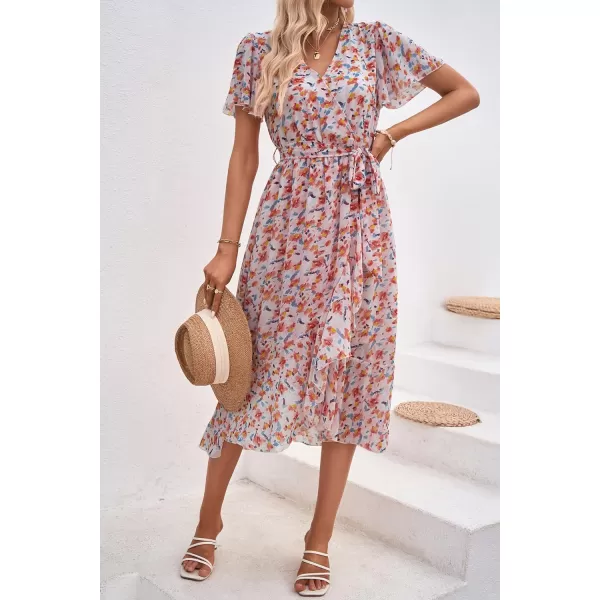 imagePRETTYGARDEN Womens 2023 Floral Boho Dress Wrap V Neck Short Sleeve Belted Ruffle Hem ALine Flowy Maxi DressesWhite Orange Floral