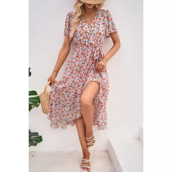 imagePRETTYGARDEN Womens 2023 Floral Boho Dress Wrap V Neck Short Sleeve Belted Ruffle Hem ALine Flowy Maxi DressesWhite Orange Floral