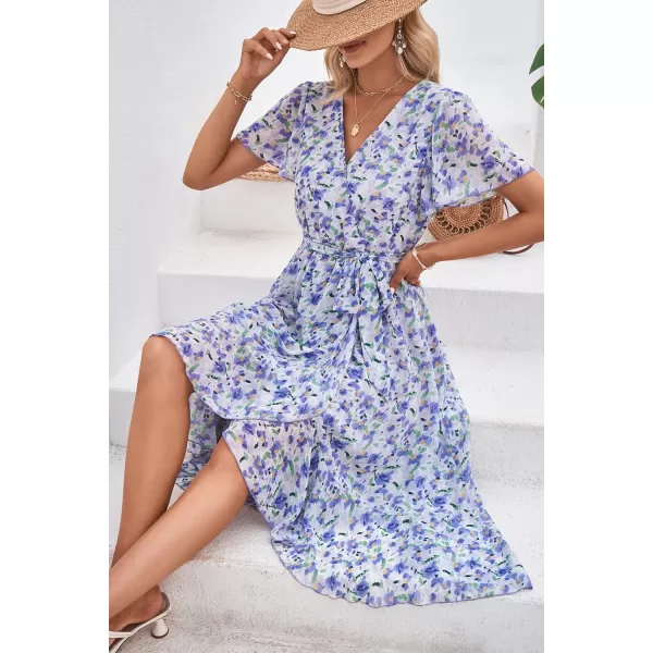 imagePRETTYGARDEN Womens 2023 Floral Boho Dress Wrap V Neck Short Sleeve Belted Ruffle Hem ALine Flowy Maxi DressesWhite Purple Floral