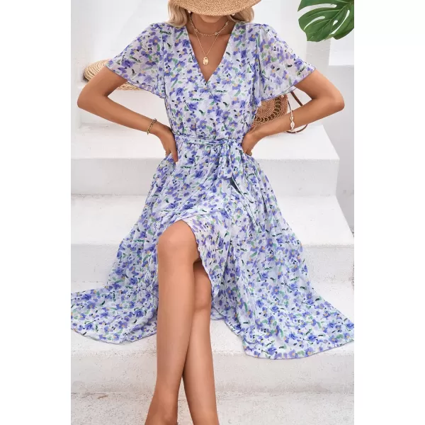 imagePRETTYGARDEN Womens 2023 Floral Boho Dress Wrap V Neck Short Sleeve Belted Ruffle Hem ALine Flowy Maxi DressesWhite Purple Floral