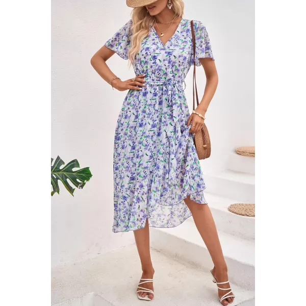 imagePRETTYGARDEN Womens 2023 Floral Boho Dress Wrap V Neck Short Sleeve Belted Ruffle Hem ALine Flowy Maxi DressesWhite Purple Floral