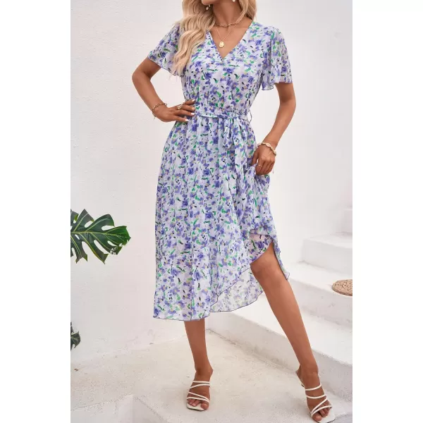 imagePRETTYGARDEN Womens 2023 Floral Boho Dress Wrap V Neck Short Sleeve Belted Ruffle Hem ALine Flowy Maxi DressesWhite Purple Floral