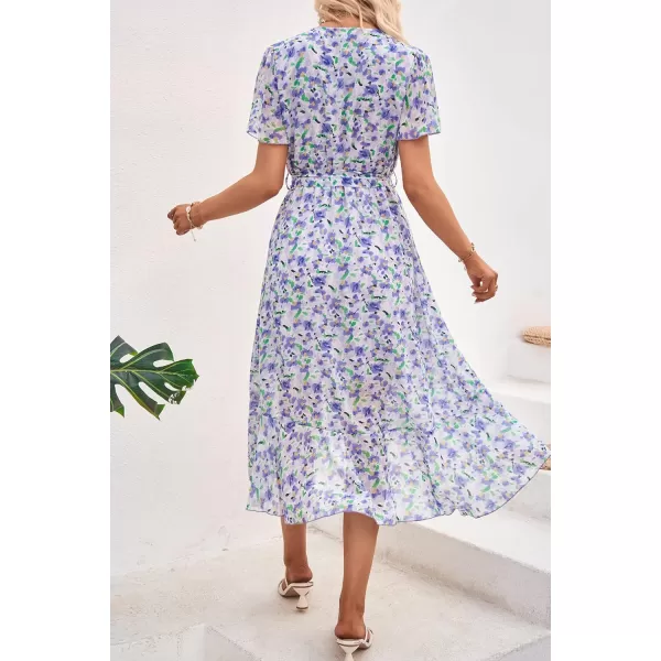 imagePRETTYGARDEN Womens 2023 Floral Boho Dress Wrap V Neck Short Sleeve Belted Ruffle Hem ALine Flowy Maxi DressesWhite Purple Floral