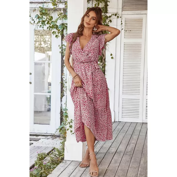 imagePRETTYGARDEN Womens 2023 Floral Boho Dress Wrap V Neck Short Sleeve Belted Ruffle Hem ALine Flowy Maxi DressesWine Red