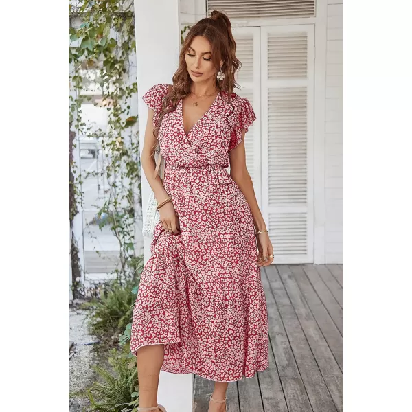 imagePRETTYGARDEN Womens 2023 Floral Boho Dress Wrap V Neck Short Sleeve Belted Ruffle Hem ALine Flowy Maxi DressesWine Red