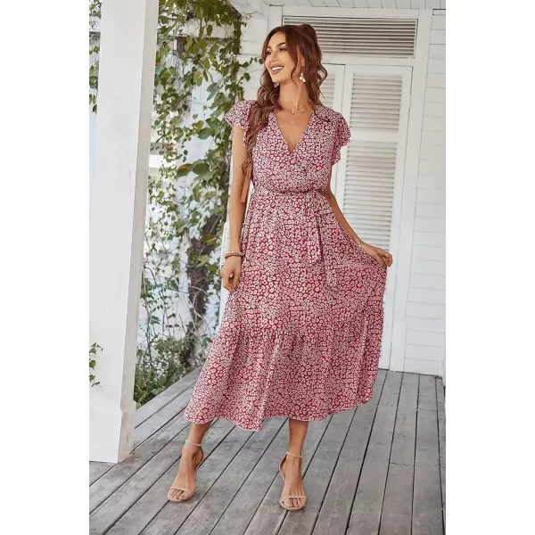 imagePRETTYGARDEN Womens 2023 Floral Boho Dress Wrap V Neck Short Sleeve Belted Ruffle Hem ALine Flowy Maxi DressesWine Red