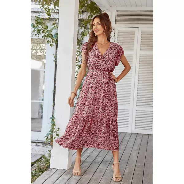 imagePRETTYGARDEN Womens 2023 Floral Boho Dress Wrap V Neck Short Sleeve Belted Ruffle Hem ALine Flowy Maxi DressesWine Red