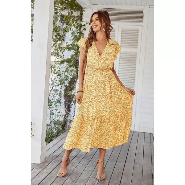 imagePRETTYGARDEN Womens 2023 Floral Boho Dress Wrap V Neck Short Sleeve Belted Ruffle Hem ALine Flowy Maxi DressesYellow