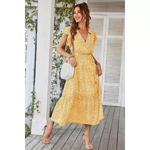 imagePRETTYGARDEN Womens 2023 Floral Boho Dress Wrap V Neck Short Sleeve Belted Ruffle Hem ALine Flowy Maxi DressesYellow