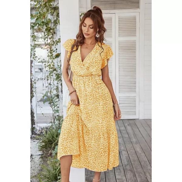 imagePRETTYGARDEN Womens 2023 Floral Boho Dress Wrap V Neck Short Sleeve Belted Ruffle Hem ALine Flowy Maxi DressesYellow