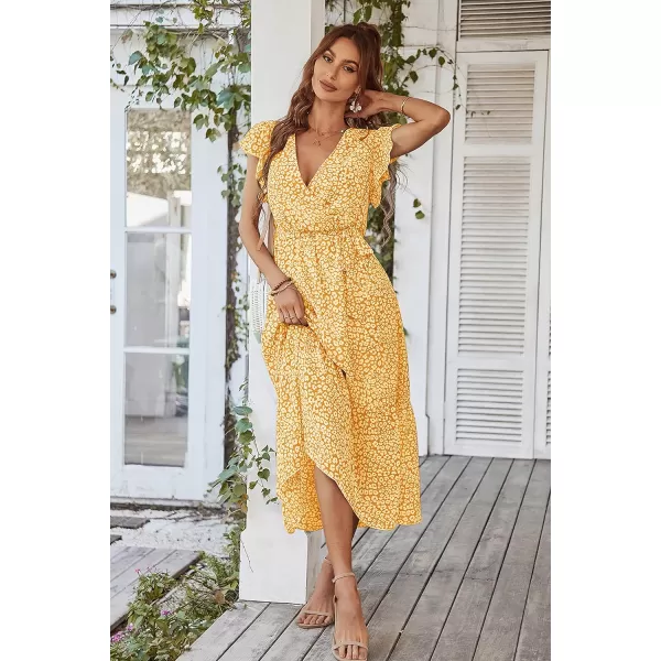 imagePRETTYGARDEN Womens 2023 Floral Boho Dress Wrap V Neck Short Sleeve Belted Ruffle Hem ALine Flowy Maxi DressesYellow
