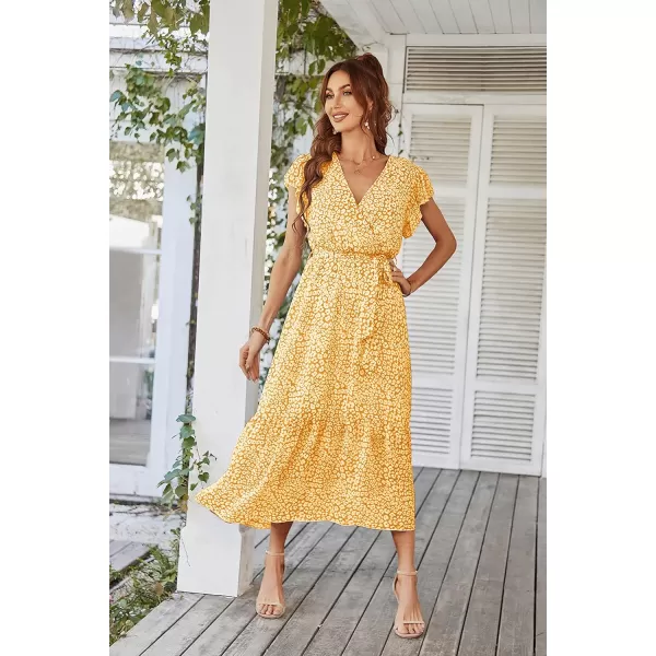 imagePRETTYGARDEN Womens 2023 Floral Boho Dress Wrap V Neck Short Sleeve Belted Ruffle Hem ALine Flowy Maxi DressesYellow