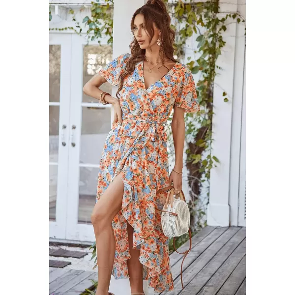 imagePRETTYGARDEN Womens 2023 Floral Boho Dress Wrap V Neck Short Sleeve Belted Ruffle Hem ALine Flowy Maxi DressesYellow Floral
