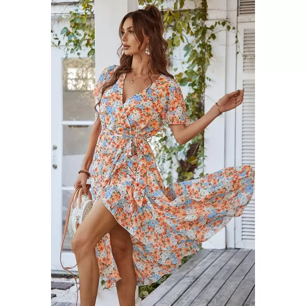 imagePRETTYGARDEN Womens 2023 Floral Boho Dress Wrap V Neck Short Sleeve Belted Ruffle Hem ALine Flowy Maxi DressesYellow Floral