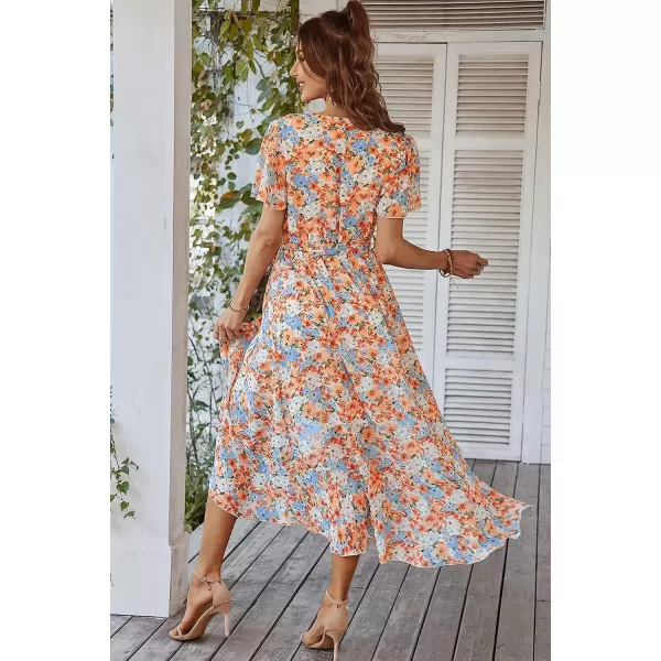 imagePRETTYGARDEN Womens 2023 Floral Boho Dress Wrap V Neck Short Sleeve Belted Ruffle Hem ALine Flowy Maxi DressesYellow Floral