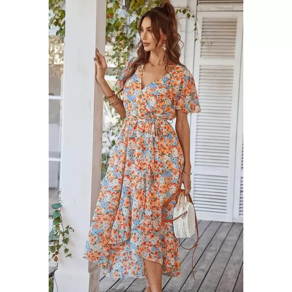 imagePRETTYGARDEN Womens 2023 Floral Boho Dress Wrap V Neck Short Sleeve Belted Ruffle Hem ALine Flowy Maxi DressesYellow Floral