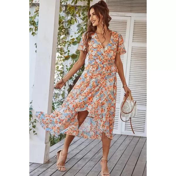 imagePRETTYGARDEN Womens 2023 Floral Boho Dress Wrap V Neck Short Sleeve Belted Ruffle Hem ALine Flowy Maxi DressesYellow Floral