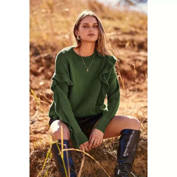 imagePRETTYGARDEN Womens 2023 Knit Pullover Sweaters Long Sleeve Crewneck Ruffle Loose Jumper Tops BlousesArmy Green