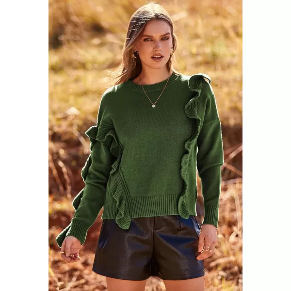 imagePRETTYGARDEN Womens 2023 Knit Pullover Sweaters Long Sleeve Crewneck Ruffle Loose Jumper Tops BlousesArmy Green