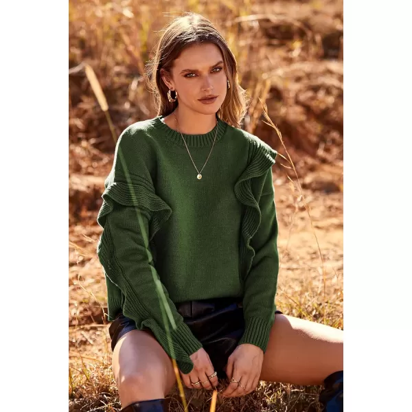 imagePRETTYGARDEN Womens 2023 Knit Pullover Sweaters Long Sleeve Crewneck Ruffle Loose Jumper Tops BlousesArmy Green