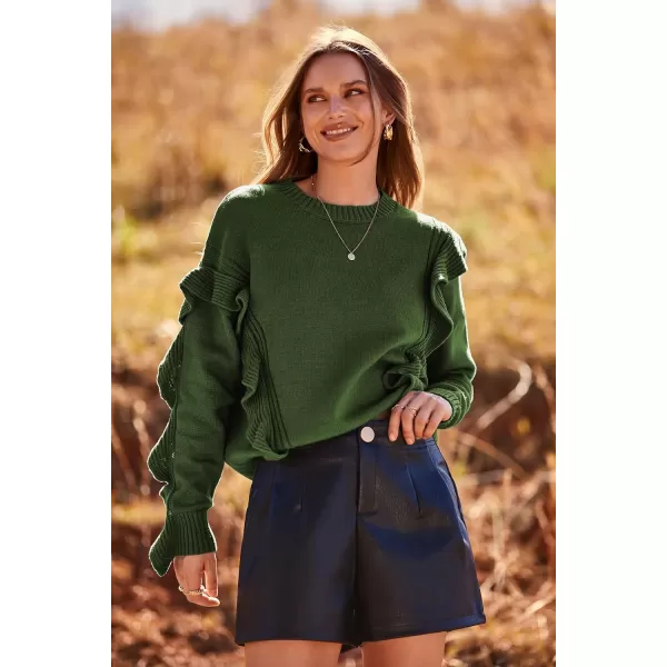 imagePRETTYGARDEN Womens 2023 Knit Pullover Sweaters Long Sleeve Crewneck Ruffle Loose Jumper Tops BlousesArmy Green