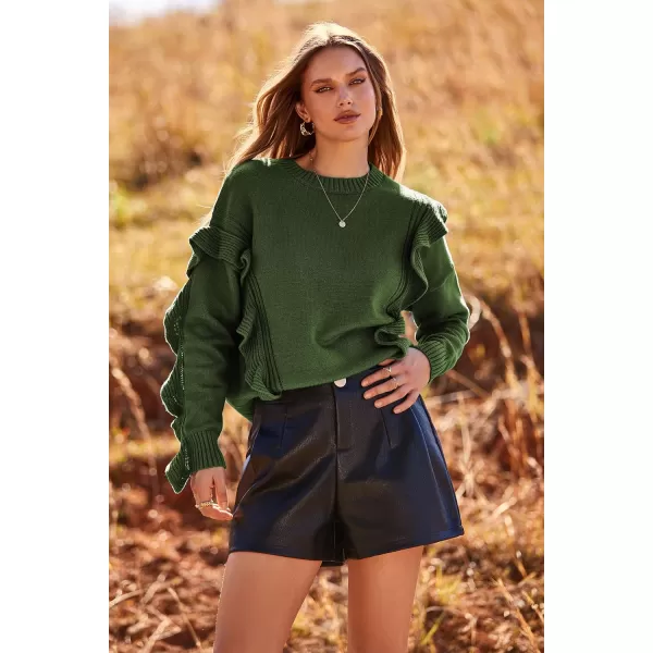 imagePRETTYGARDEN Womens 2023 Knit Pullover Sweaters Long Sleeve Crewneck Ruffle Loose Jumper Tops BlousesArmy Green