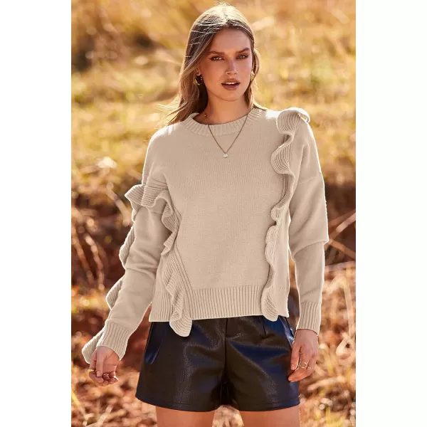 imagePRETTYGARDEN Womens 2023 Knit Pullover Sweaters Long Sleeve Crewneck Ruffle Loose Jumper Tops BlousesBeige