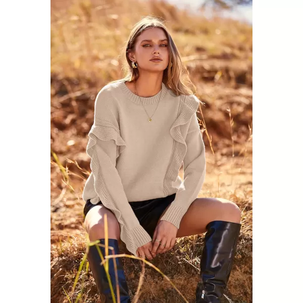 imagePRETTYGARDEN Womens 2023 Knit Pullover Sweaters Long Sleeve Crewneck Ruffle Loose Jumper Tops BlousesBeige