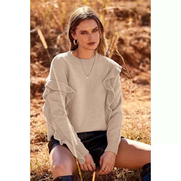 imagePRETTYGARDEN Womens 2023 Knit Pullover Sweaters Long Sleeve Crewneck Ruffle Loose Jumper Tops BlousesBeige