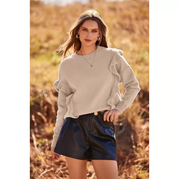 imagePRETTYGARDEN Womens 2023 Knit Pullover Sweaters Long Sleeve Crewneck Ruffle Loose Jumper Tops BlousesBeige