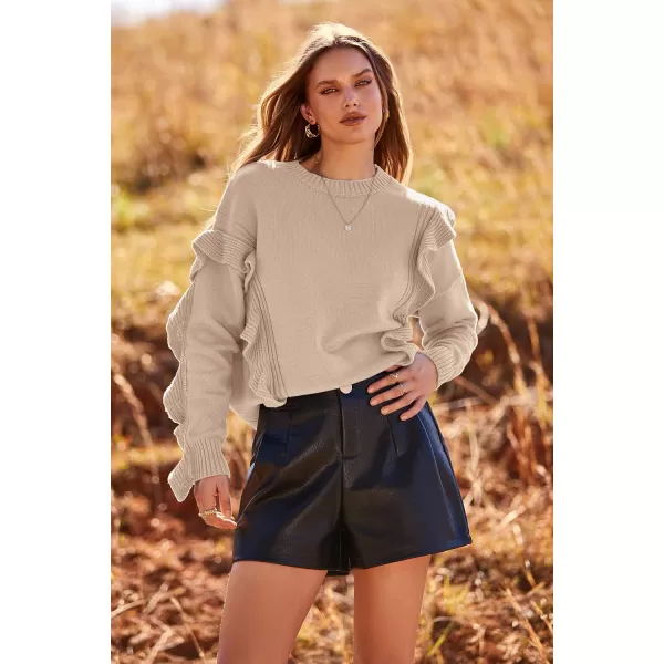 imagePRETTYGARDEN Womens 2023 Knit Pullover Sweaters Long Sleeve Crewneck Ruffle Loose Jumper Tops BlousesBeige