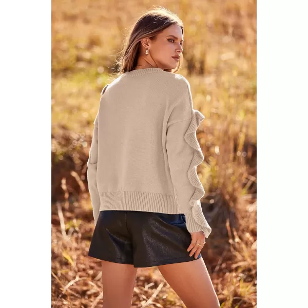 imagePRETTYGARDEN Womens 2023 Knit Pullover Sweaters Long Sleeve Crewneck Ruffle Loose Jumper Tops BlousesBeige