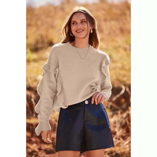 imagePRETTYGARDEN Womens 2023 Knit Pullover Sweaters Long Sleeve Crewneck Ruffle Loose Jumper Tops BlousesBeige