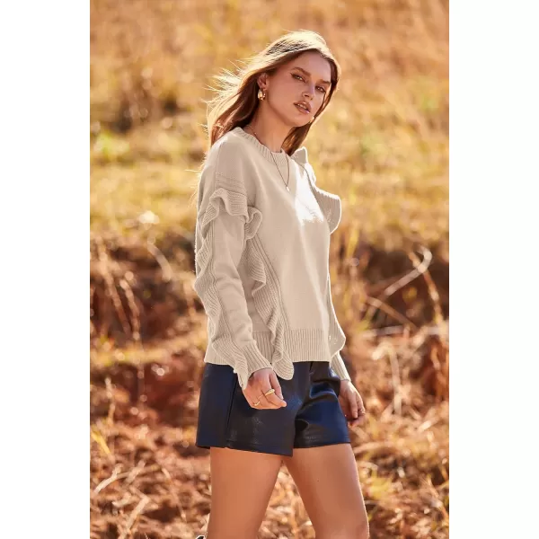 imagePRETTYGARDEN Womens 2023 Knit Pullover Sweaters Long Sleeve Crewneck Ruffle Loose Jumper Tops BlousesBeige