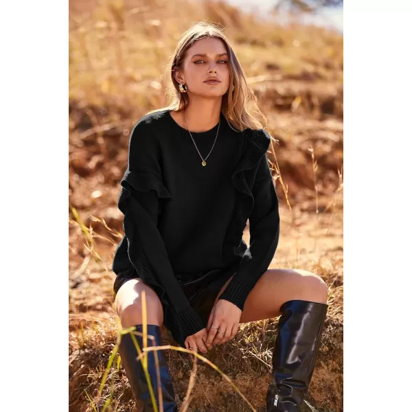 imagePRETTYGARDEN Womens 2023 Knit Pullover Sweaters Long Sleeve Crewneck Ruffle Loose Jumper Tops BlousesBlack