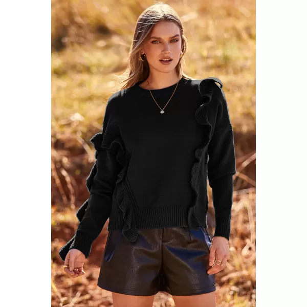 imagePRETTYGARDEN Womens 2023 Knit Pullover Sweaters Long Sleeve Crewneck Ruffle Loose Jumper Tops BlousesBlack