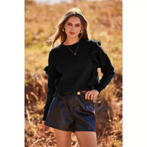 imagePRETTYGARDEN Womens 2023 Knit Pullover Sweaters Long Sleeve Crewneck Ruffle Loose Jumper Tops BlousesBlack