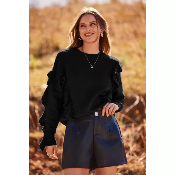 imagePRETTYGARDEN Womens 2023 Knit Pullover Sweaters Long Sleeve Crewneck Ruffle Loose Jumper Tops BlousesBlack