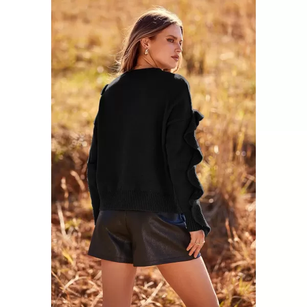 imagePRETTYGARDEN Womens 2023 Knit Pullover Sweaters Long Sleeve Crewneck Ruffle Loose Jumper Tops BlousesBlack