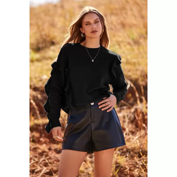 imagePRETTYGARDEN Womens 2023 Knit Pullover Sweaters Long Sleeve Crewneck Ruffle Loose Jumper Tops BlousesBlack