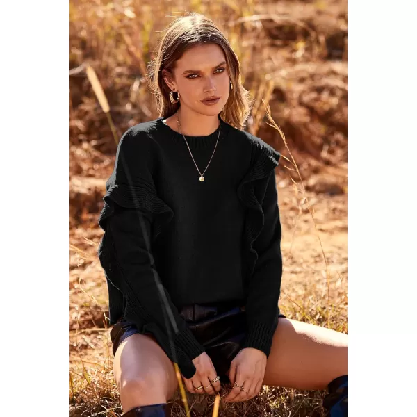 imagePRETTYGARDEN Womens 2023 Knit Pullover Sweaters Long Sleeve Crewneck Ruffle Loose Jumper Tops BlousesBlack