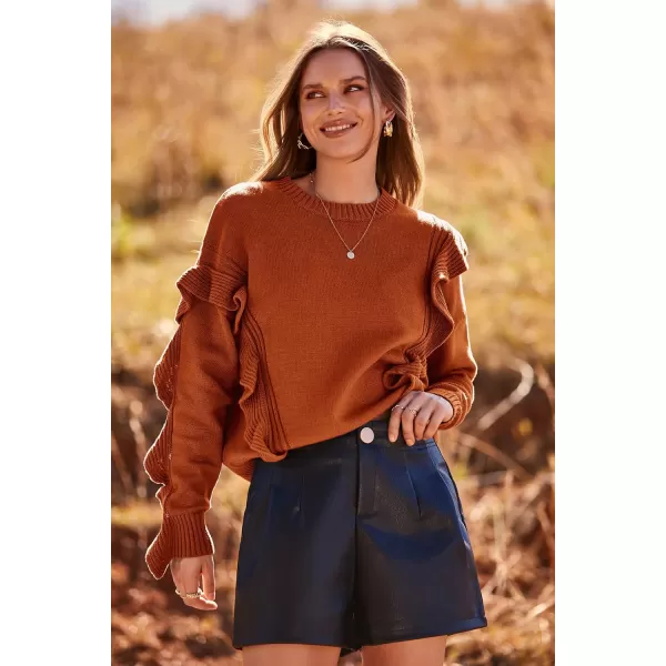 imagePRETTYGARDEN Womens 2023 Knit Pullover Sweaters Long Sleeve Crewneck Ruffle Loose Jumper Tops BlousesCaramel