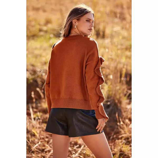 imagePRETTYGARDEN Womens 2023 Knit Pullover Sweaters Long Sleeve Crewneck Ruffle Loose Jumper Tops BlousesCaramel