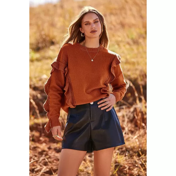 imagePRETTYGARDEN Womens 2023 Knit Pullover Sweaters Long Sleeve Crewneck Ruffle Loose Jumper Tops BlousesCaramel