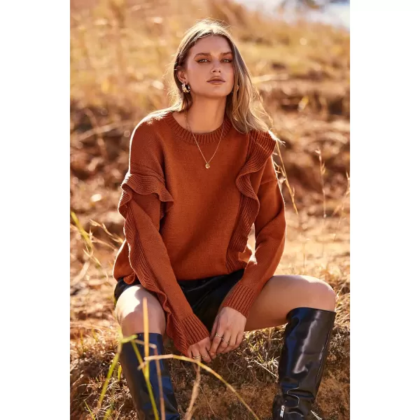 imagePRETTYGARDEN Womens 2023 Knit Pullover Sweaters Long Sleeve Crewneck Ruffle Loose Jumper Tops BlousesCaramel