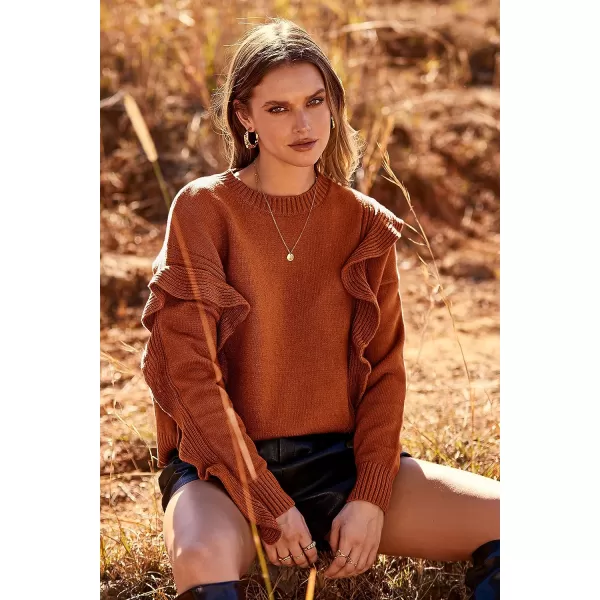 imagePRETTYGARDEN Womens 2023 Knit Pullover Sweaters Long Sleeve Crewneck Ruffle Loose Jumper Tops BlousesCaramel
