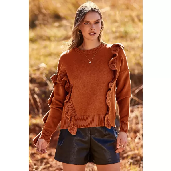 imagePRETTYGARDEN Womens 2023 Knit Pullover Sweaters Long Sleeve Crewneck Ruffle Loose Jumper Tops BlousesCaramel