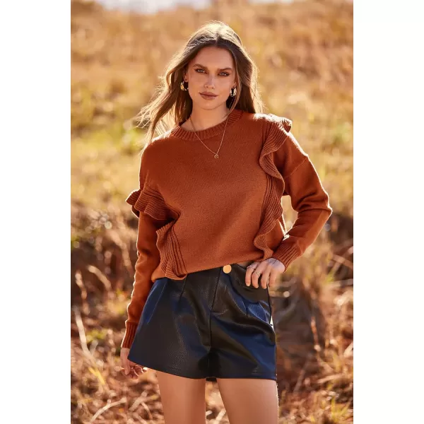 imagePRETTYGARDEN Womens 2023 Knit Pullover Sweaters Long Sleeve Crewneck Ruffle Loose Jumper Tops BlousesCaramel